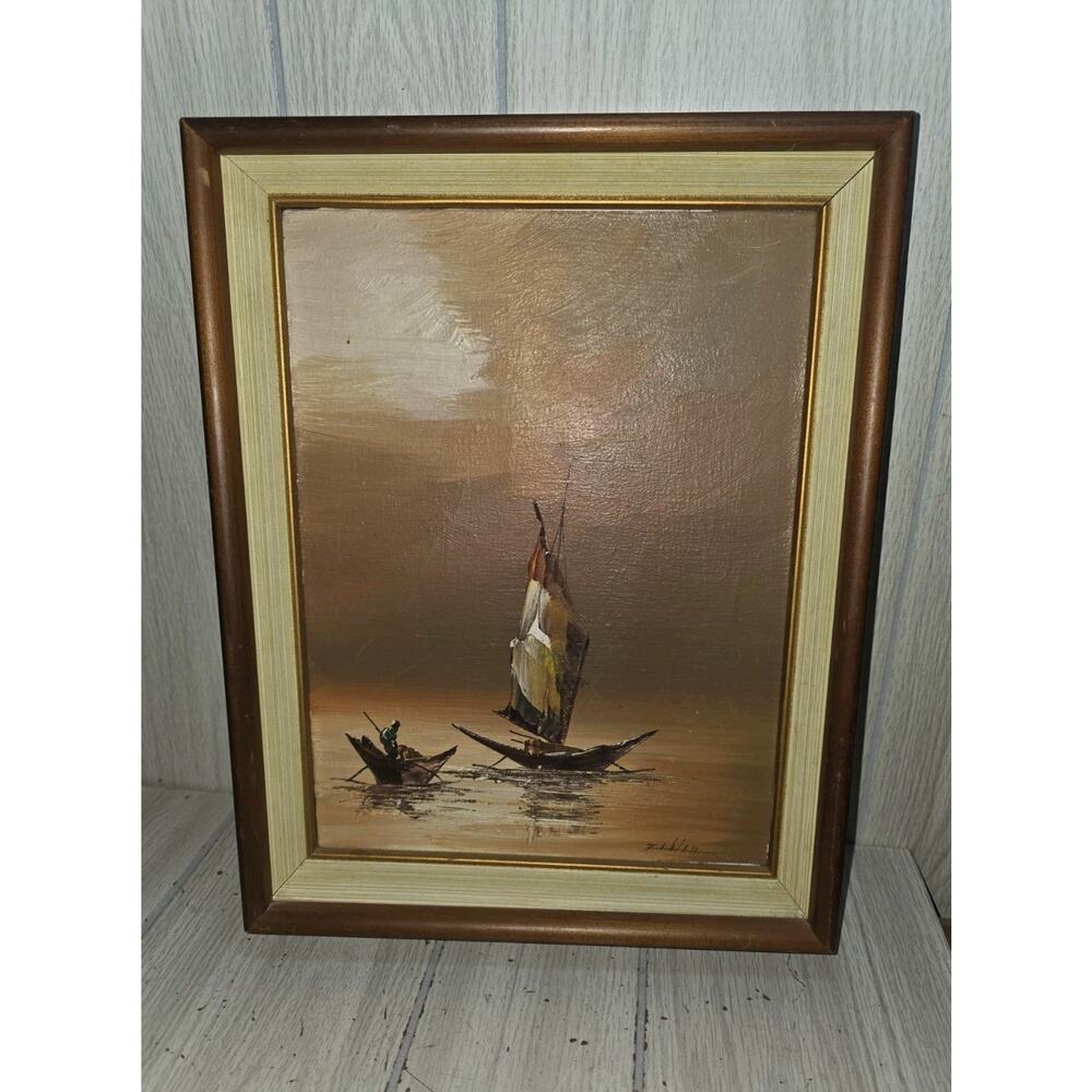 Vtg Zablan Filipino Fishing Boats Sunset Framed Oil Painting Canvas Mid Century